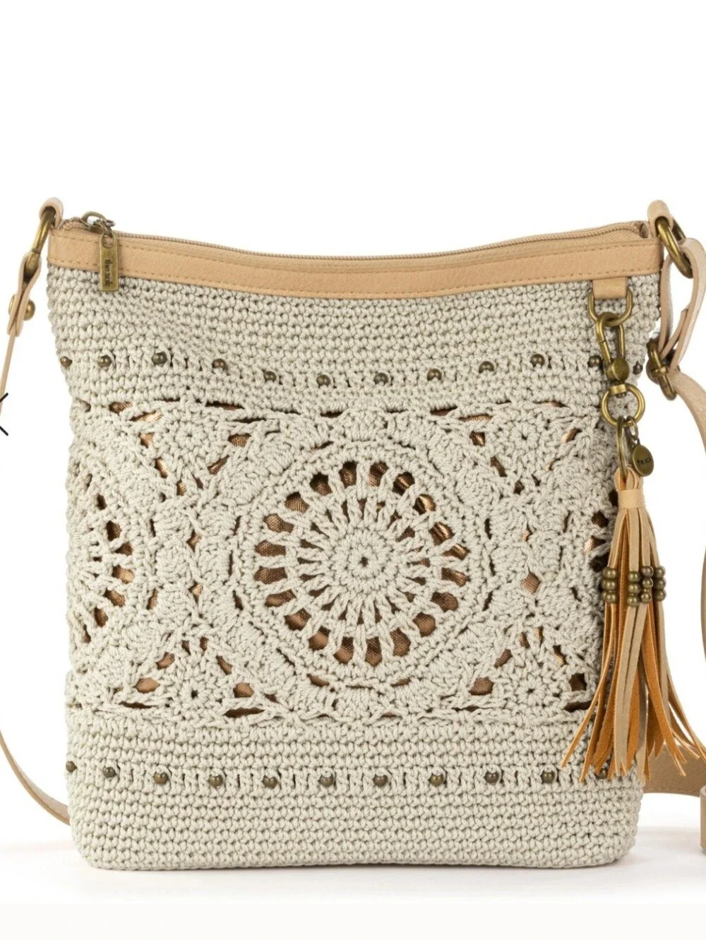 The Sak Crochet Pattern Crossbody Bag with Tan Trim